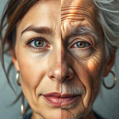 The image features a woman with a split face, showing her youthful and older sides. The woman is wearing a ring in her ear. The primary subject is the woman, and the setting is a close-up of her face. The visual style is a photo, and the colors and mood are a mix of youthful and older aspects, with the woman's face being the main focus.